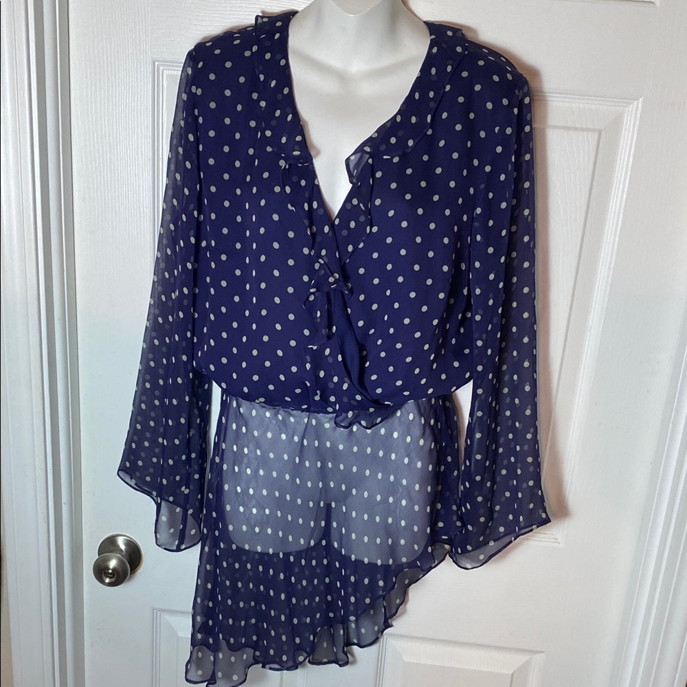 Dress Barn Navy Polka Dot Silk Blouse Size 12